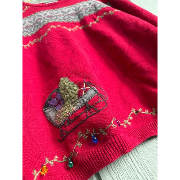 Woolrich Christmas Sweater Sleigh Embroidered Holiday Lights, Petite Large - Picture 4 of 8